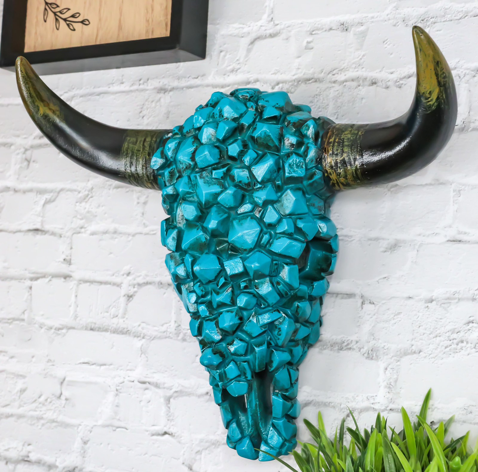 Southwest Steer Bison Bull Cow Skull With Mosaic Turquoise Rocks Wall Decor