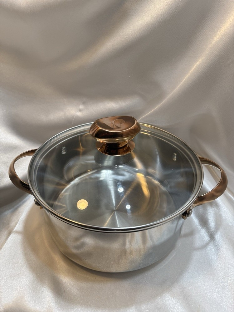 Wolfgang Puck 6 PC Stainless Cookware Set Copper Handles, Knobs Glass Lids