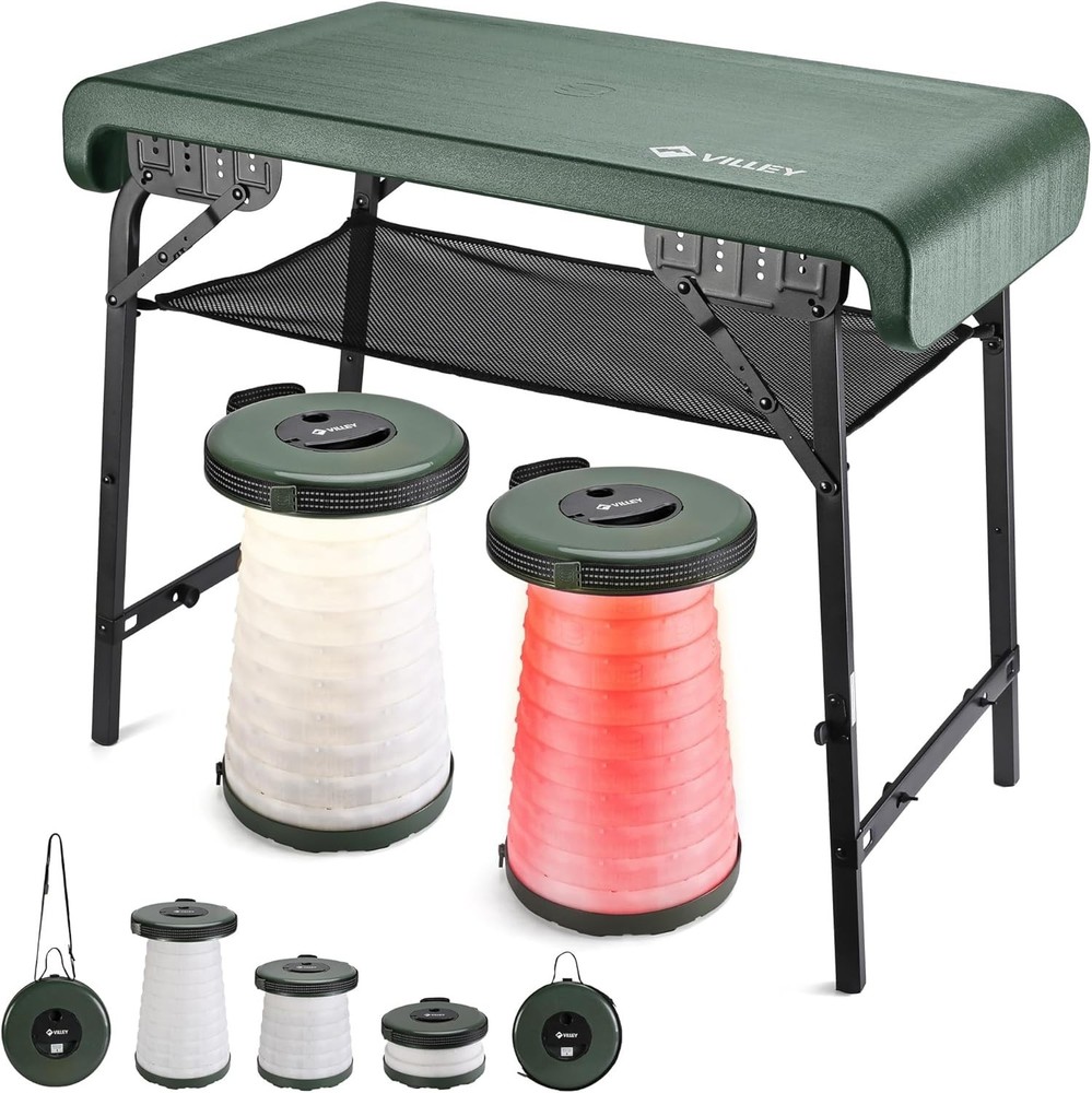 Portable Collapsible Stools Folding Camping Table Set Beach Table w/2PACK Stools