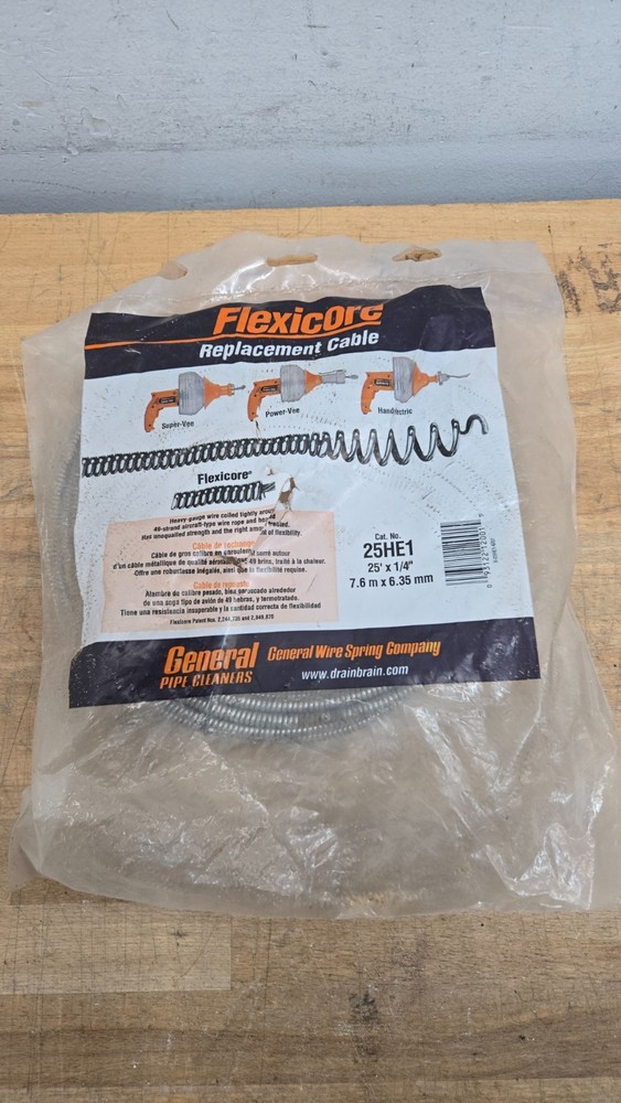 Flexicore Drain Cable, 25HE1 General Pipe Cleaners, 25' x 1/4" Replacement Cable