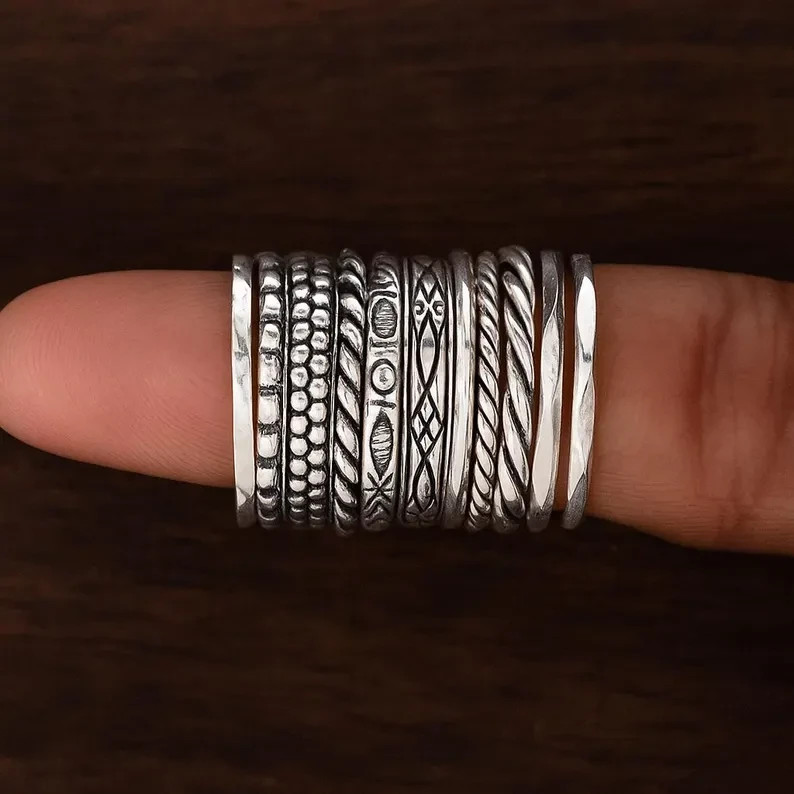 925Sterling Silver Stacking Rings Set - Boho Dotted Pattern - Set of 12 All Size