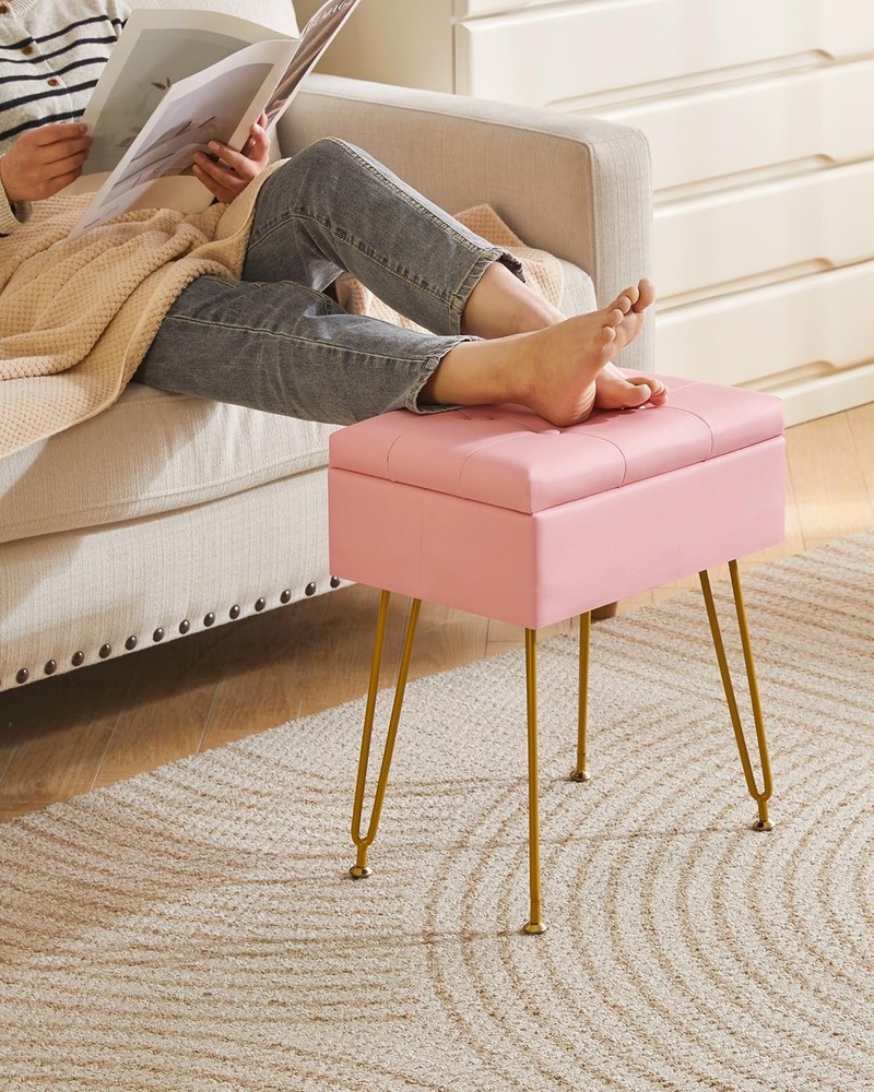Multifunctional Storage Vanity Stool with Flip Tabletop, Adjustable Metal Leg...