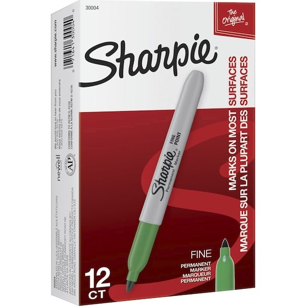 Sharpie 30004 Permanent Marker, Green, Fine Tip, Capped, 12 Pk
