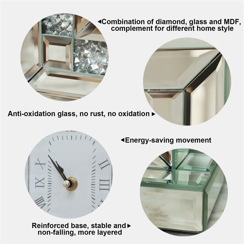 Polished Silver Table Desktop Clock Crush Diamond Surrounded Fireplace Ornaments