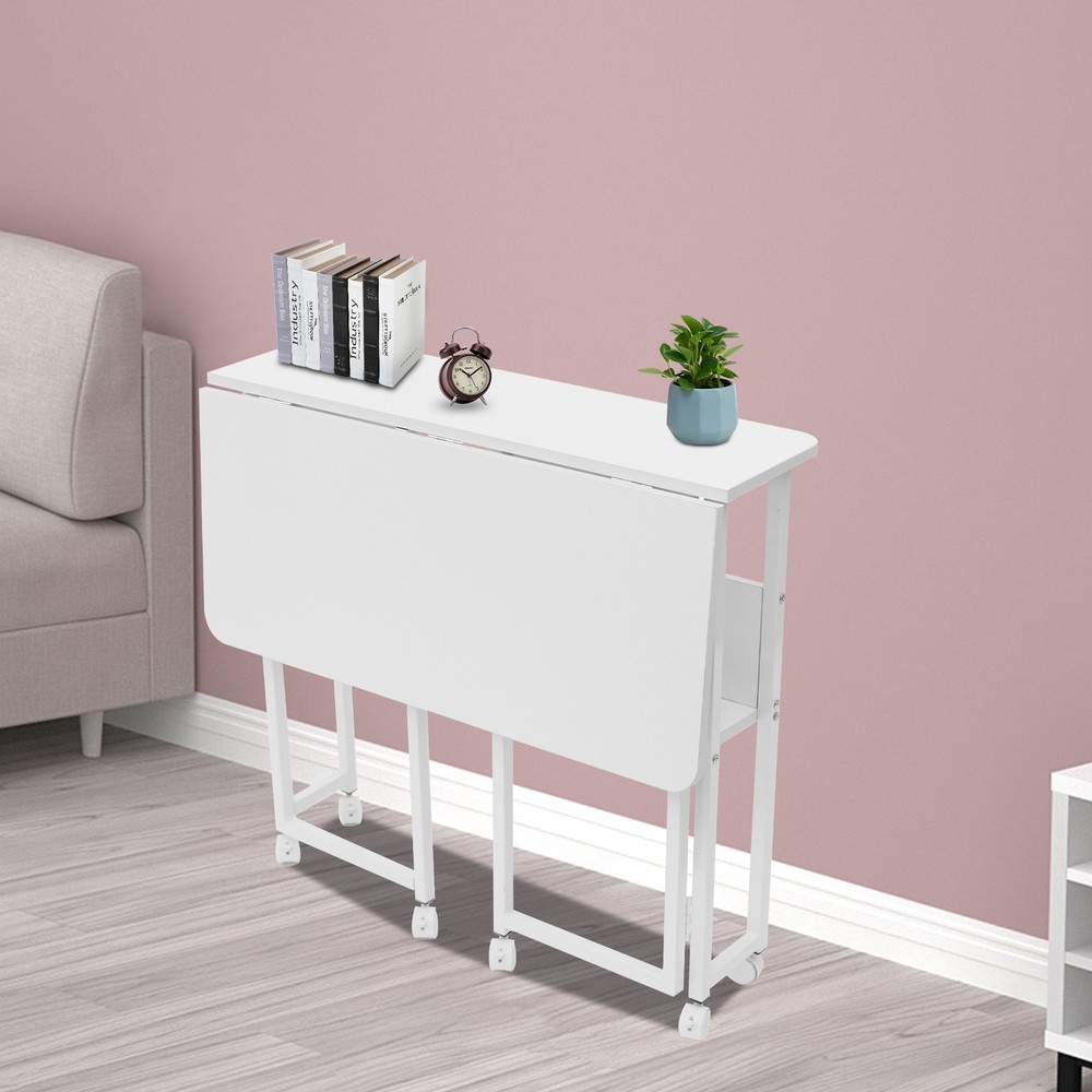 75cm(H) Computer Desk Freestanding Study Desk White Foldable Table W/ Six Wheels