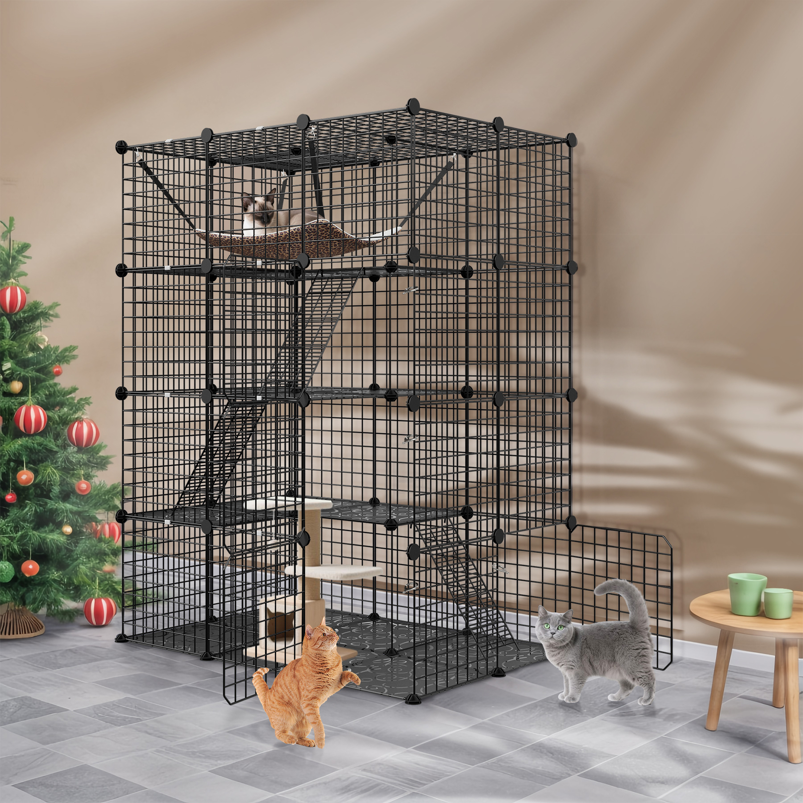 Large Cat Cage Enclosure Metal Wire 4-Tier Kennel DIY Playpen Catio with Hammock