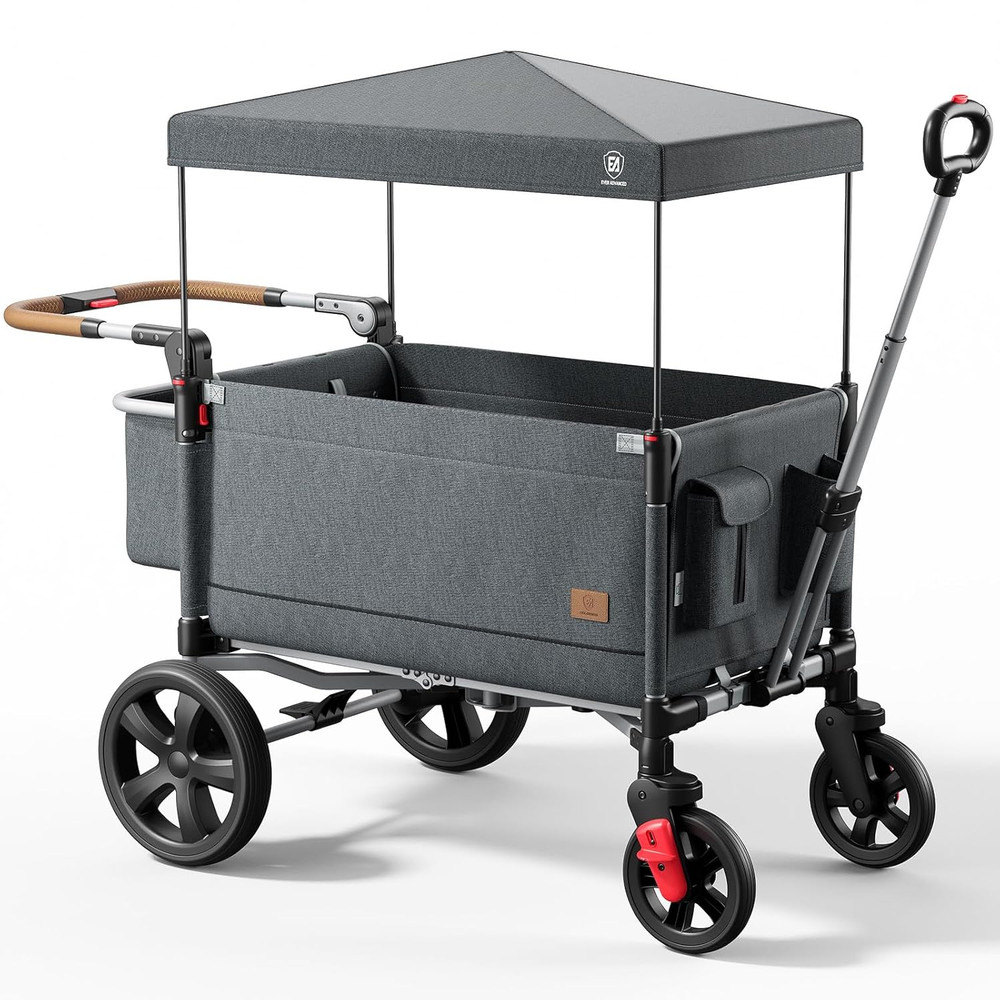 Side-Unzip Stroller Wagon for 2 Kids - 2-In-1 Bench Mode & All-Terrain Push-Pull