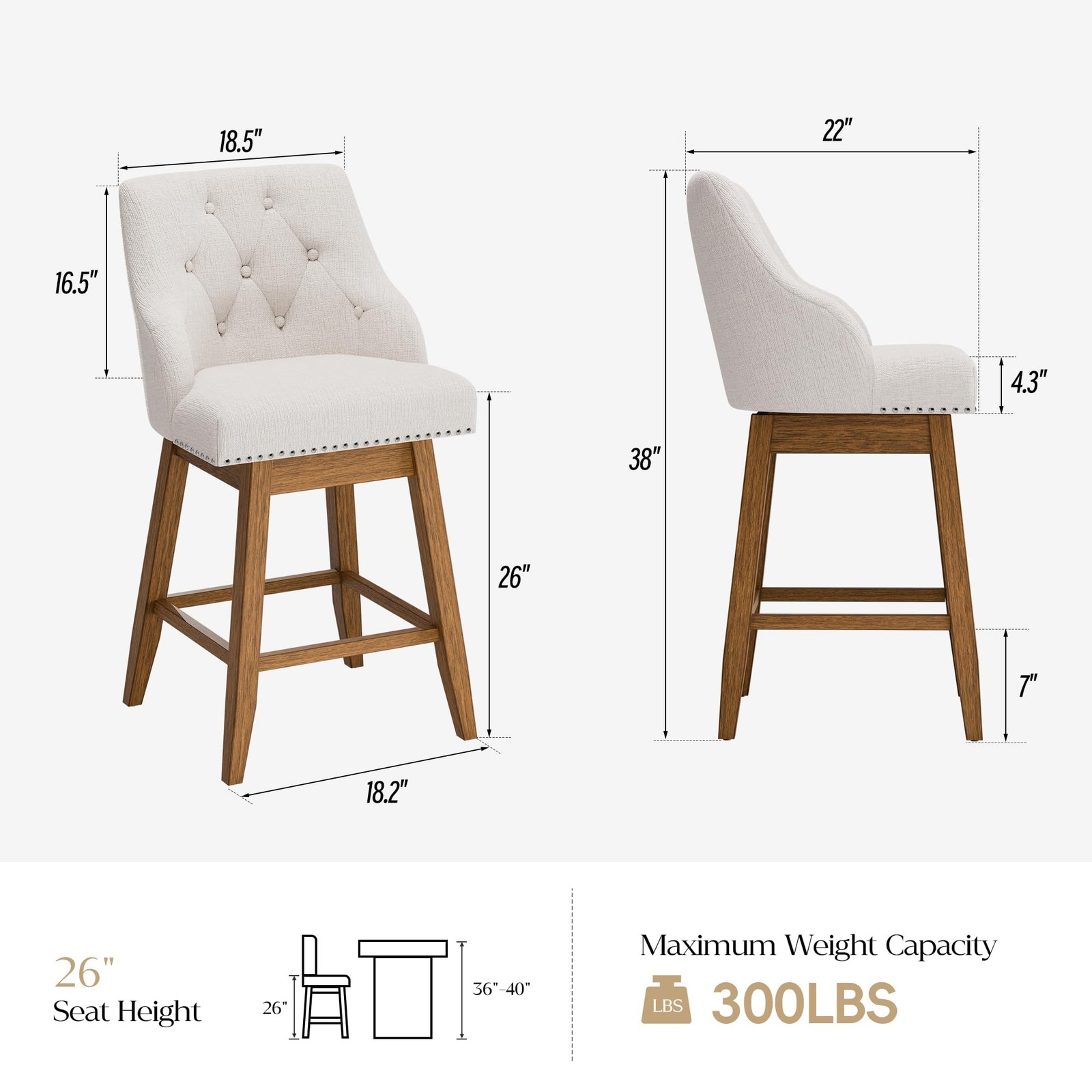 Swivel Bar Stools Set of 2 Upholstered Barstools with with Tufted Backs