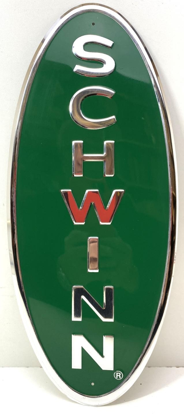 NOS VINTAGE steel Schwinn STINGRAY bicycle giant GREEN HEAD BADGE SIGN 8" x 18"