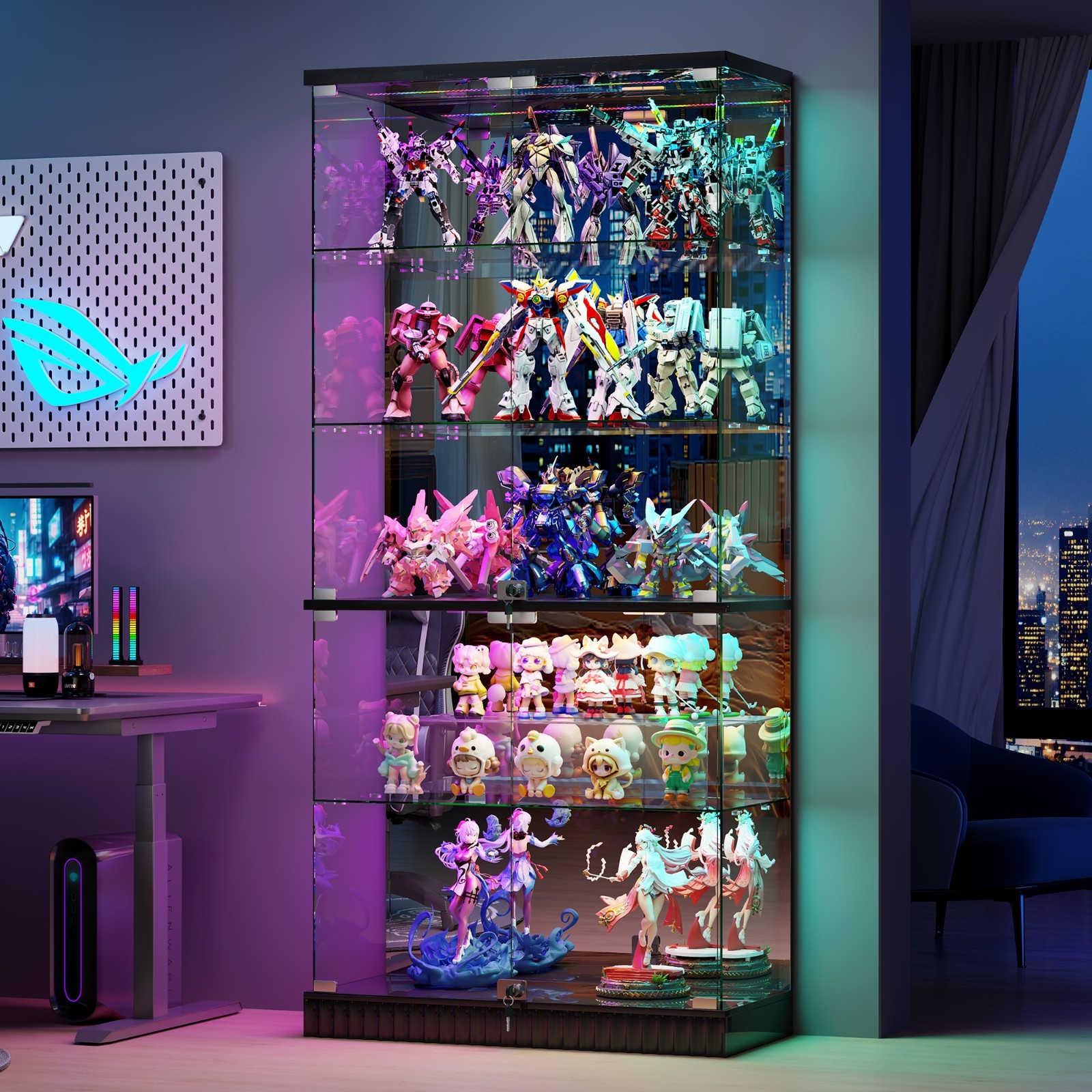 Glass Display Cabinet with RGB Lights, Locking Curio Cabinet with 5-Tier Shelves