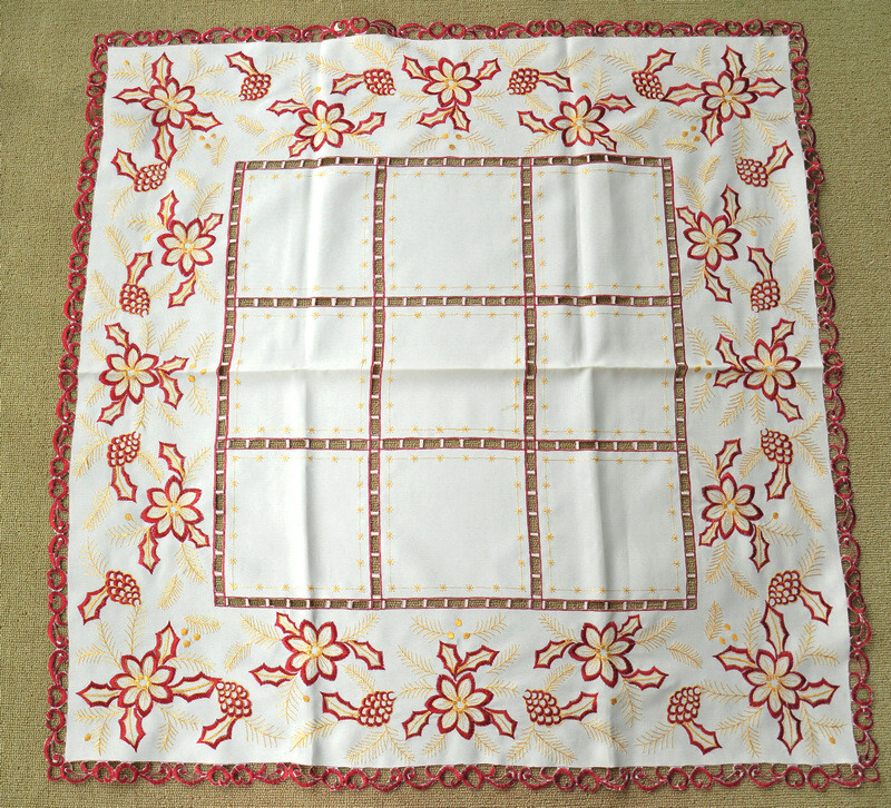 Elegant Beige Embroidered Polyester Square Tablecloth Xmas 33" Cutwork