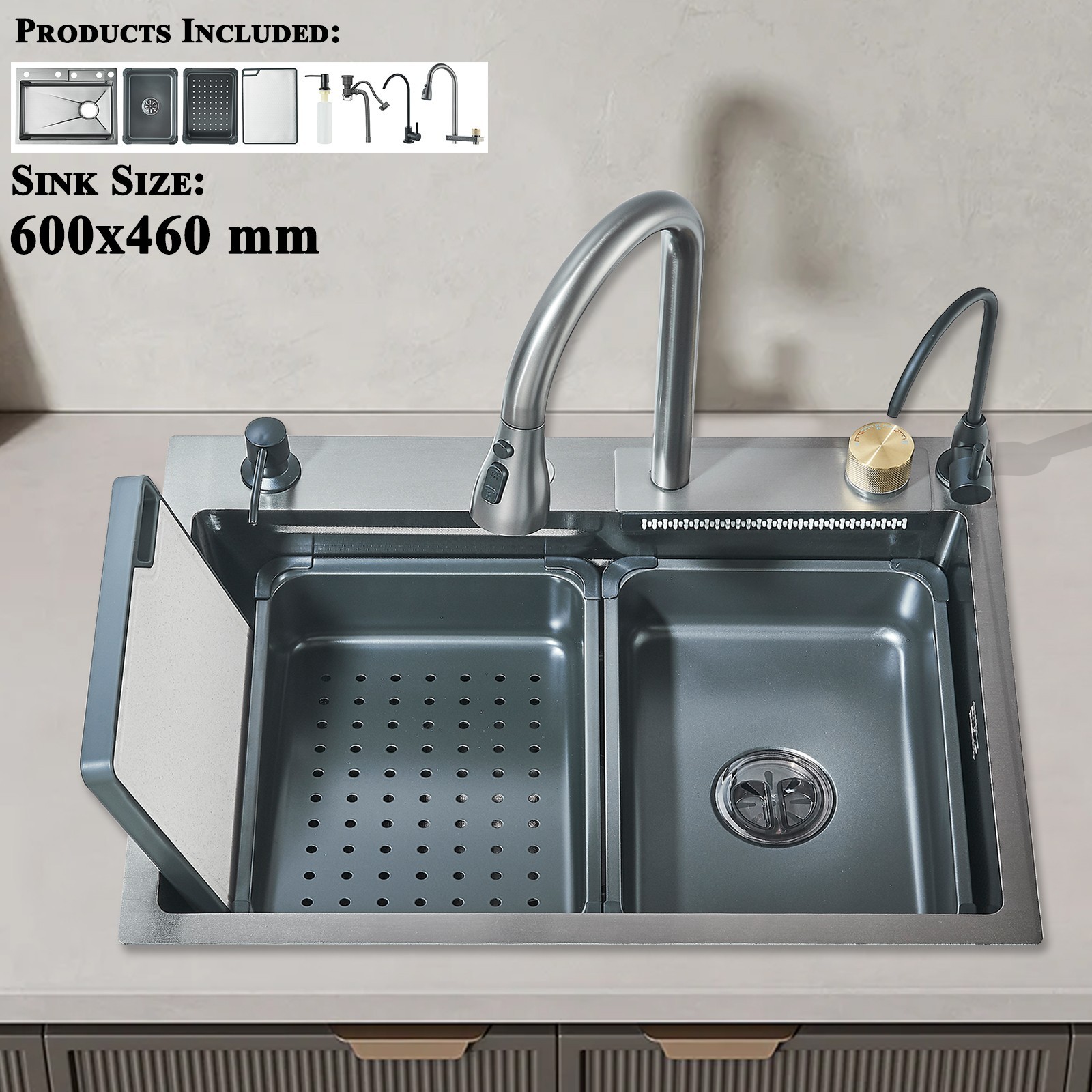 24" Flying Rain Stainless Steel Waterfall Kitchen Sink with Faucet Single Bowl