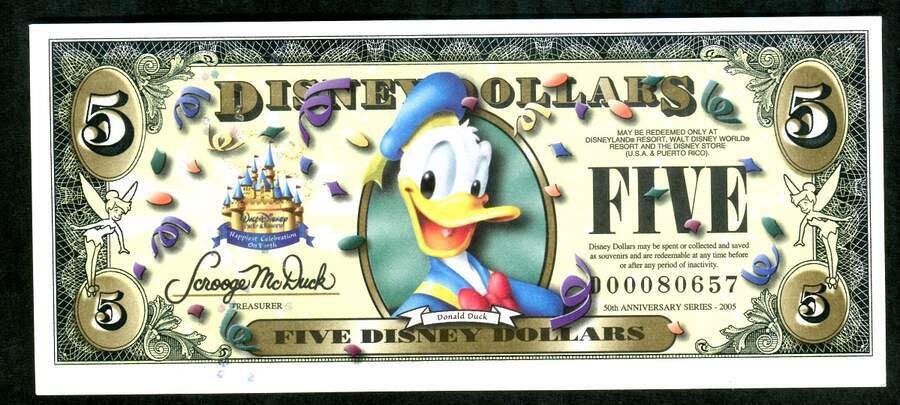 DISNEY 5 DOLLARS, 2005D, WITH BAR CODE, UNCIRCULATED