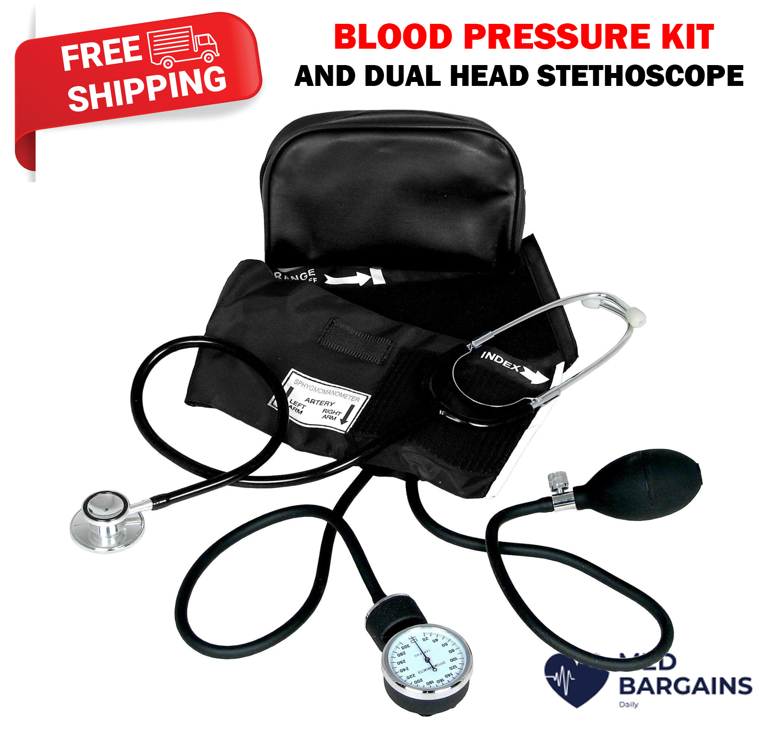 Dixie EMS Adult BP Cuff Dual Head Stethoscope and Blood Pressure Kit - Black