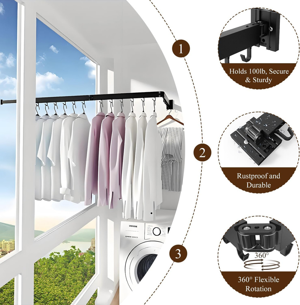 Clothes Drying Rack Wall Mounted, Foldable Laundry Drying Rack,Retractable Tri-F