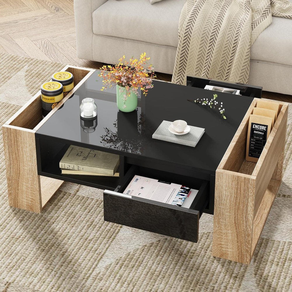 High Gloss Coffee Table 2 Drawers, Two-Tone Rectangle Center Table with Storage