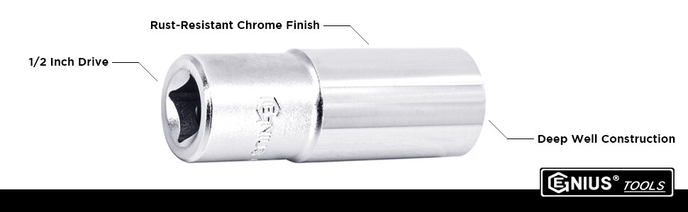 Genius Tools 1/2" Dr. 1" Deep Hand Socket (12-Point) - 477832