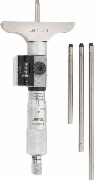 SPI 0 to 4" Range, 4 Rod, Mechanical Depth Micrometer Ratchet Stop Thimble, 2...