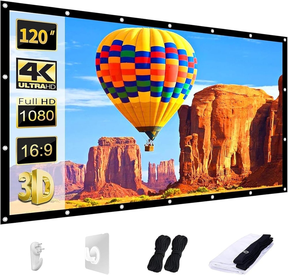 120 Inch Projector Screen | Thickened Washable Polyester | 16:9 Foldable HD C...