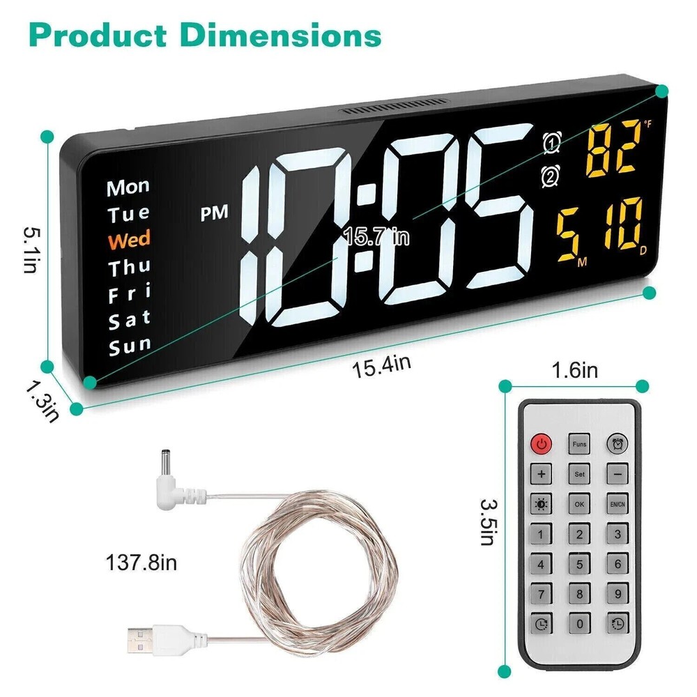 16" Digital LED Desk Alarm Clock Large LCD Display Wall Clock Remote Date Timer~