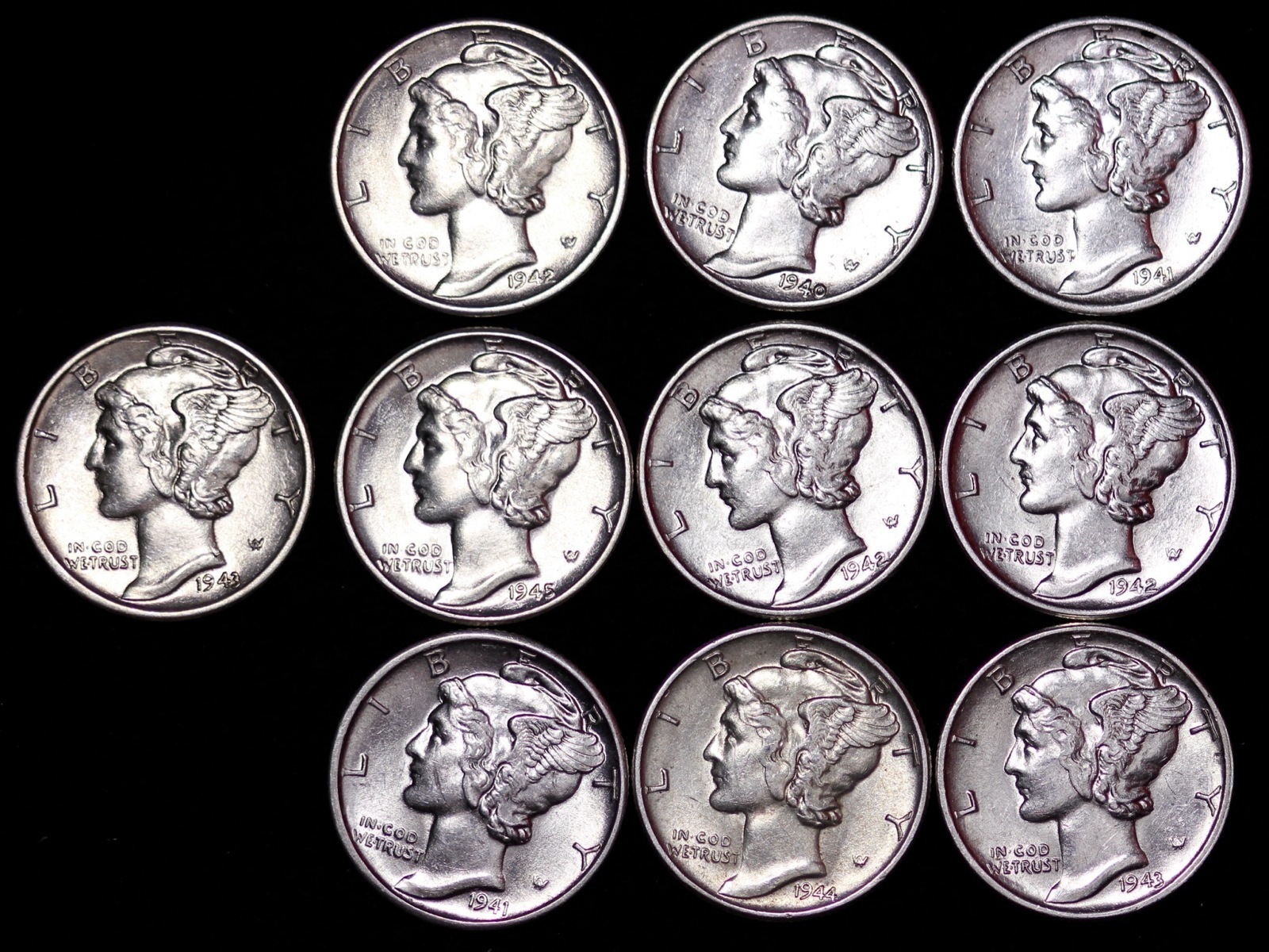Lot of 50 Coins AU / UNC Mercury Silver Dimes Some D and S Mint FREE SHIPPING