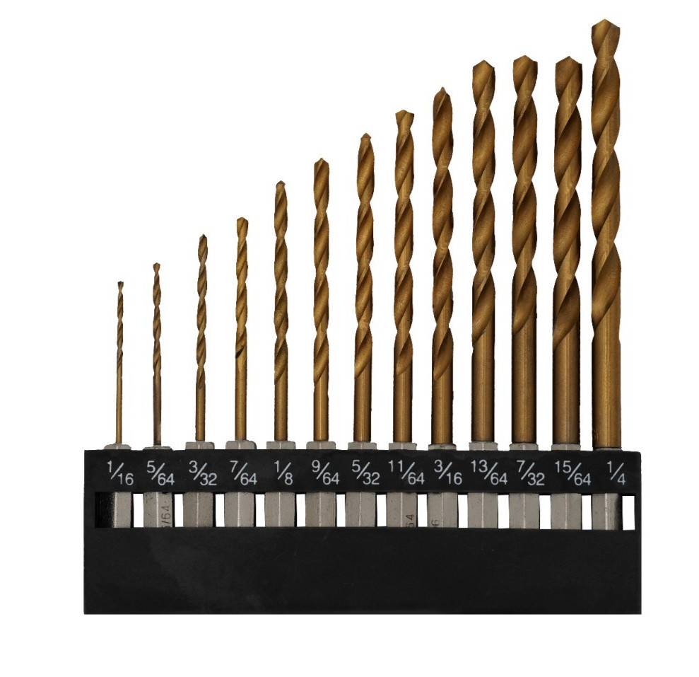 13pc Quick‑Change Hex Shank Titanium Drill Bit Set 1/16"–1/4" Sizes Durable HSS