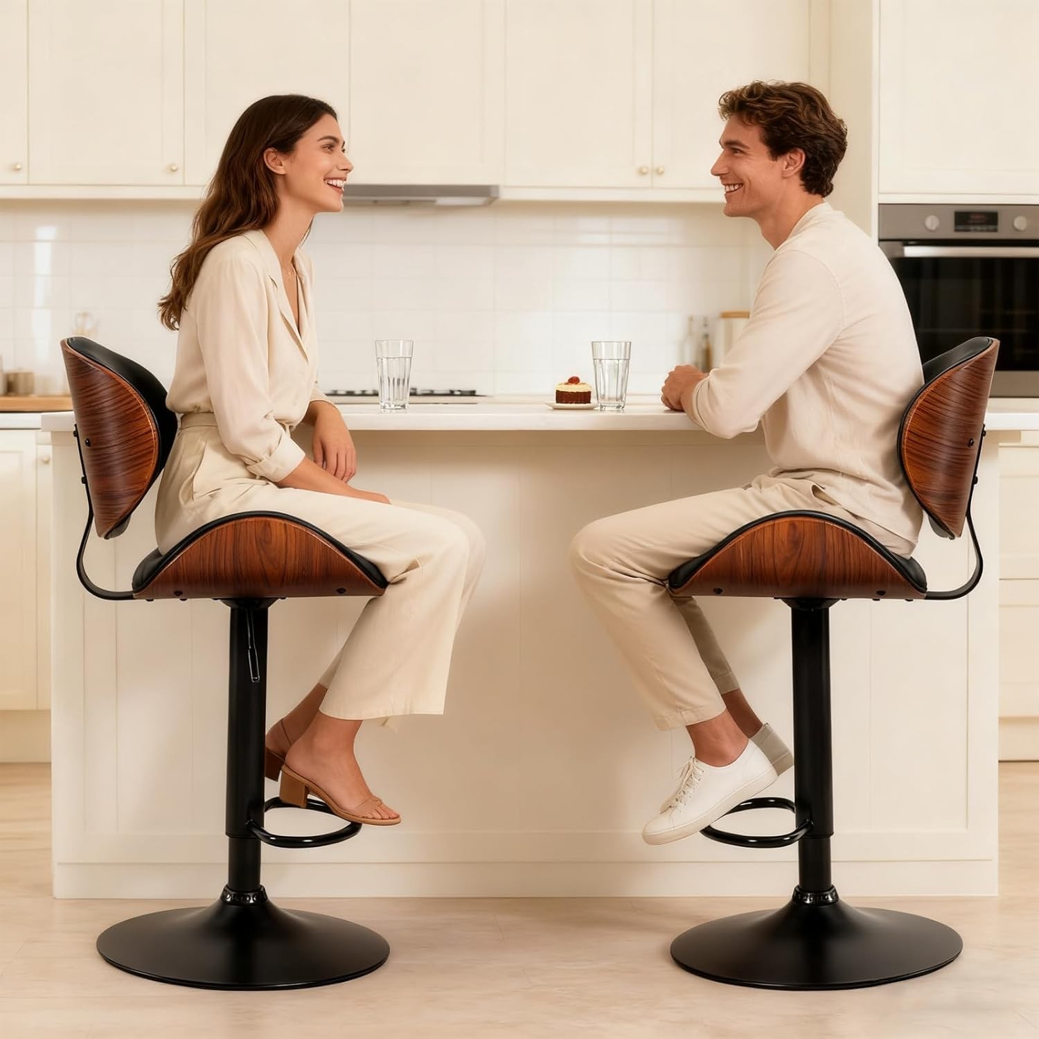 2Pcs Swivel Bar Stools,Adjustable Height,PU Leather Upholstery,w/Back&Footrest