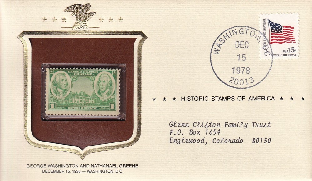 STAMP SCOTT 785 & 1597 "Washington, Greene & Mt. Ver" 1 CENT 1936 MNH REAL STAMP