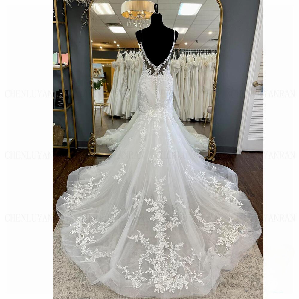 Sexy Mermaid Wedding Dresses Spaghetti Straps Backless Lace Applique Bridal Gown
