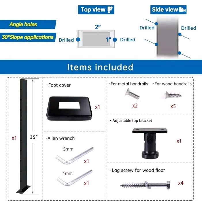 Muzata Slope Post Knee Wall 36"x1"x2" Adjustable Top Cable Railing Post PR11