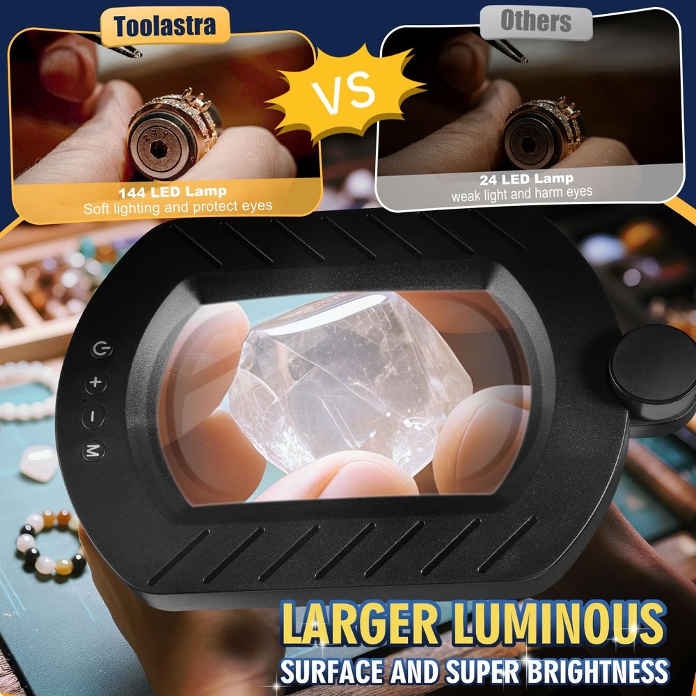 12X Square Magnifying Glass with Large Light, Black