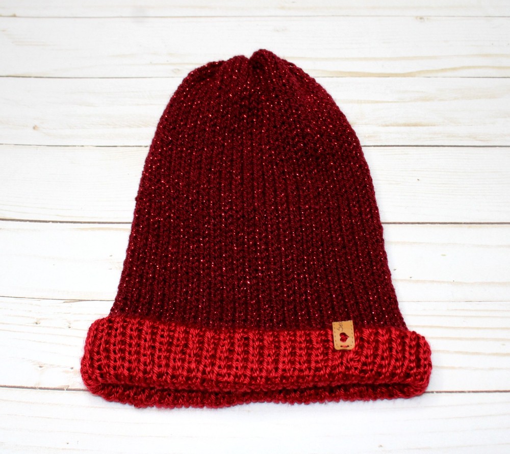 Hand Crocheted Red Glittery Yarn Hat, Double Sided / Reversable Use