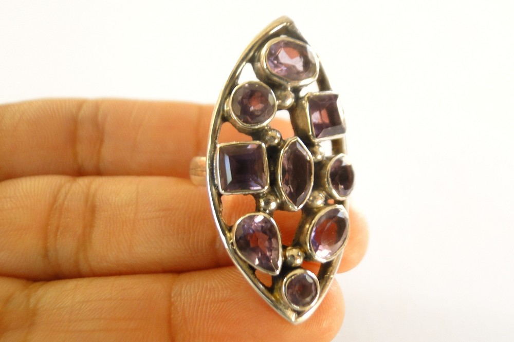Multi-Cut Purple Amethyst Cluster Statement 925 Sterling Silver Ring Size 6