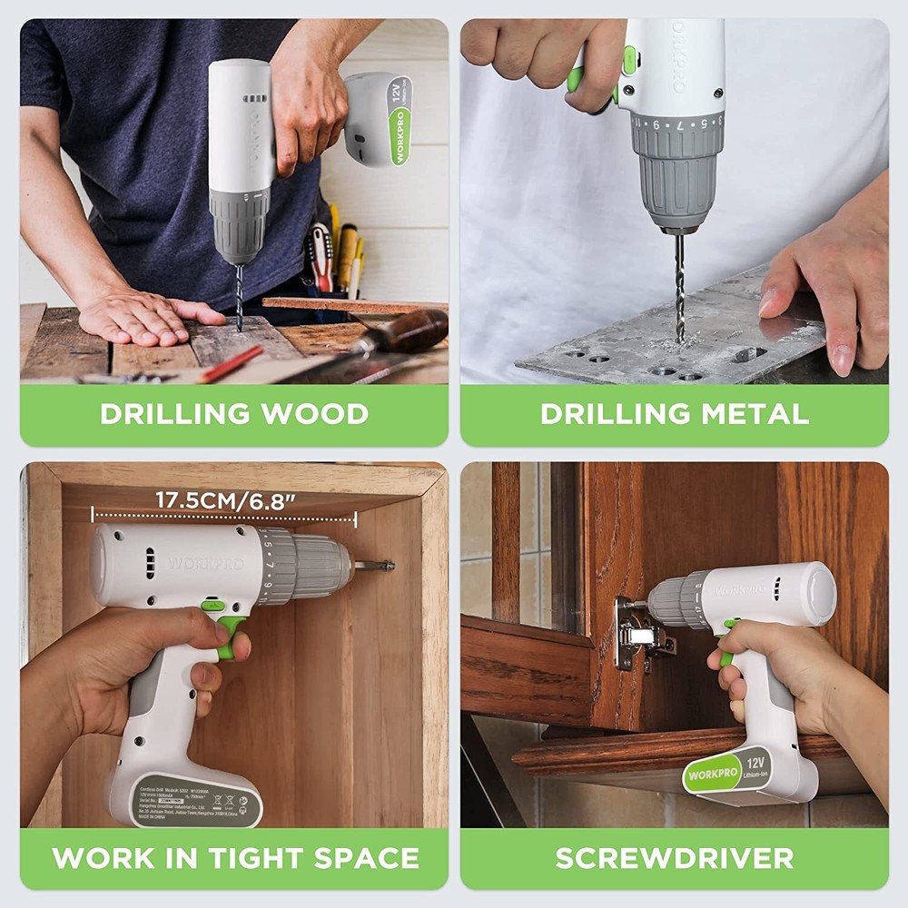 WORKPRO 12V Cordless Drill Driver Set Electric Power Drill Tool Kit w/6 Pcs Bits
