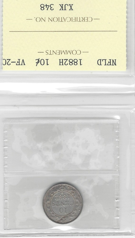 1882H ICCS Graded Newfoundland Ten Cent **VF-20**