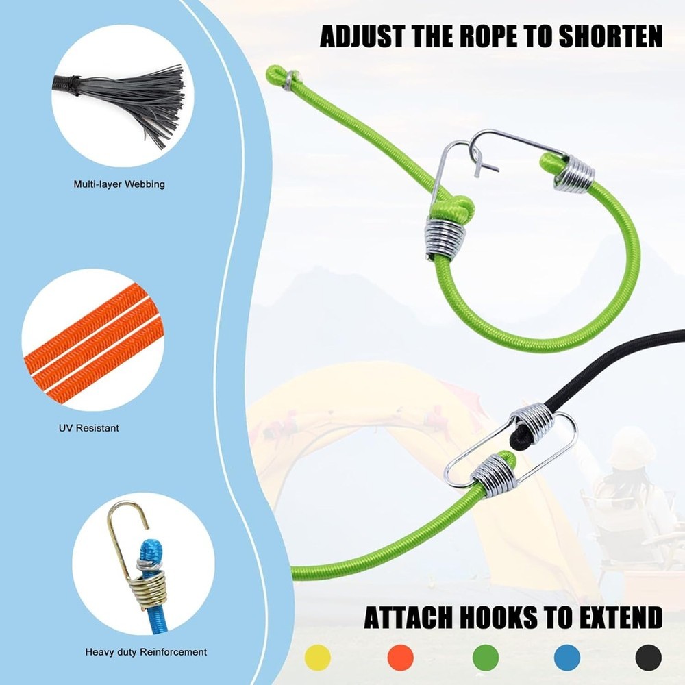 Small Bungee Cords with Hooks 12 Pack, Adjustable Rubber Elastic Cords for8066