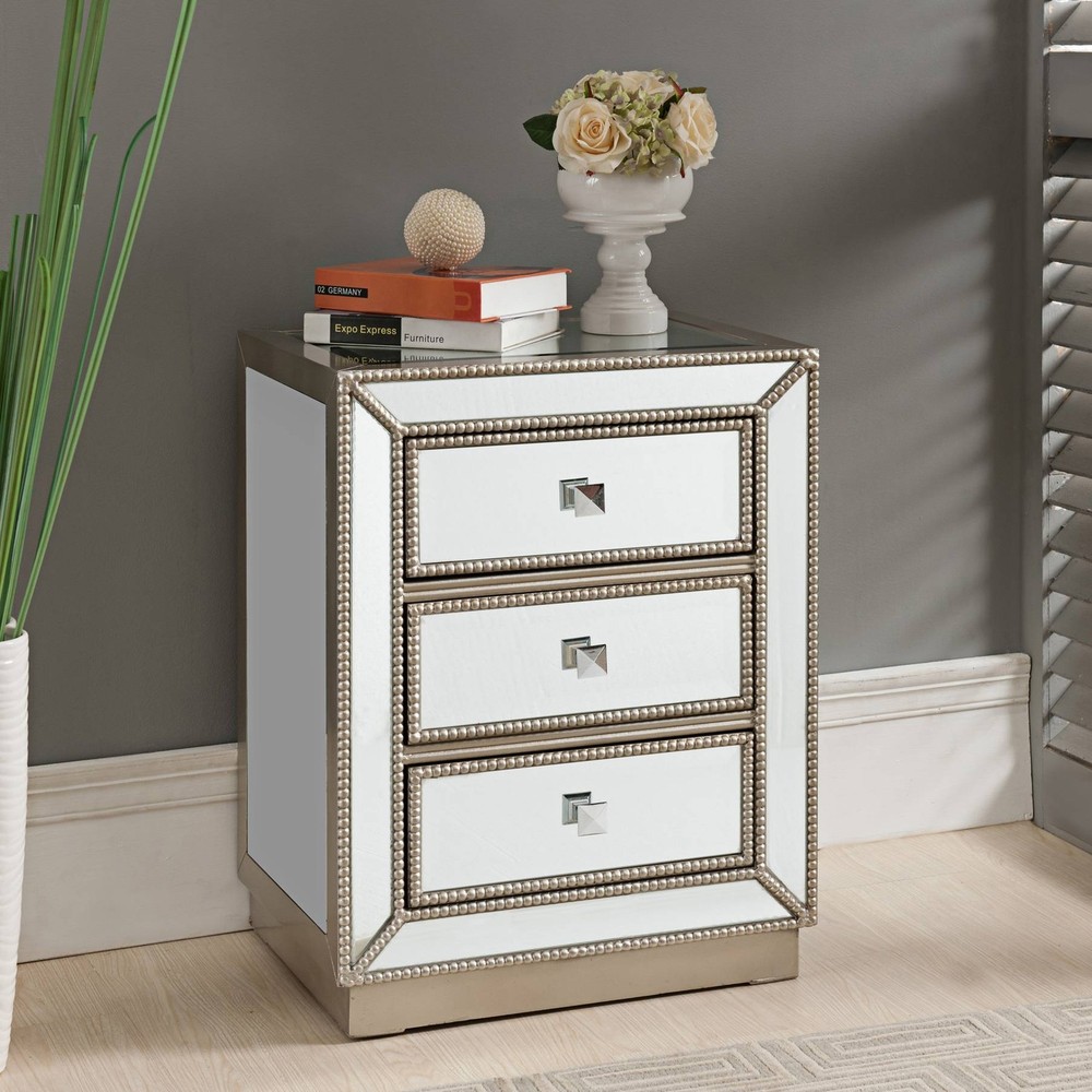 Elsinore Modern Wood Rectangular Accent Table 20" x 15" 3-Drawer Silver Mirrored