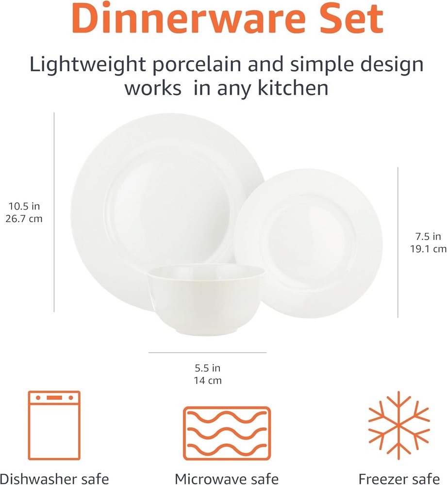 Amazon Basics Kitchen Dinnerware Set, Microwave and Dishwasher Safe, White