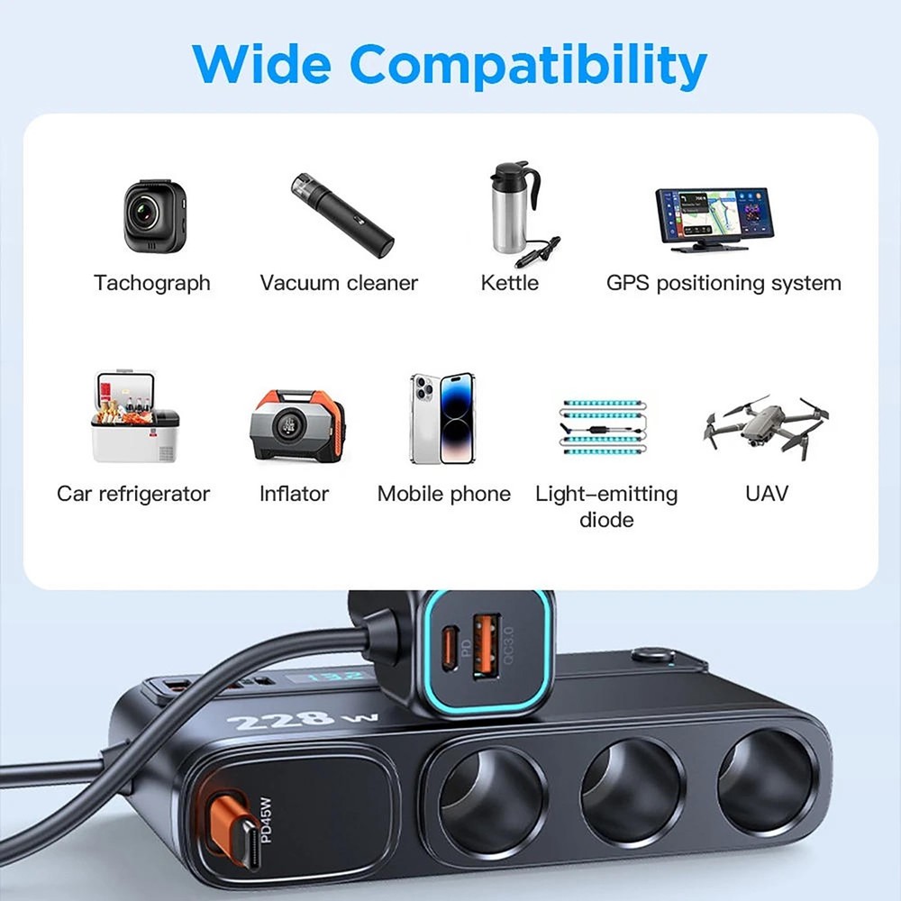 Multi Function Car Charger 9-in-1 with 3 Cigarette Lighter Sockets 6 USB 228W