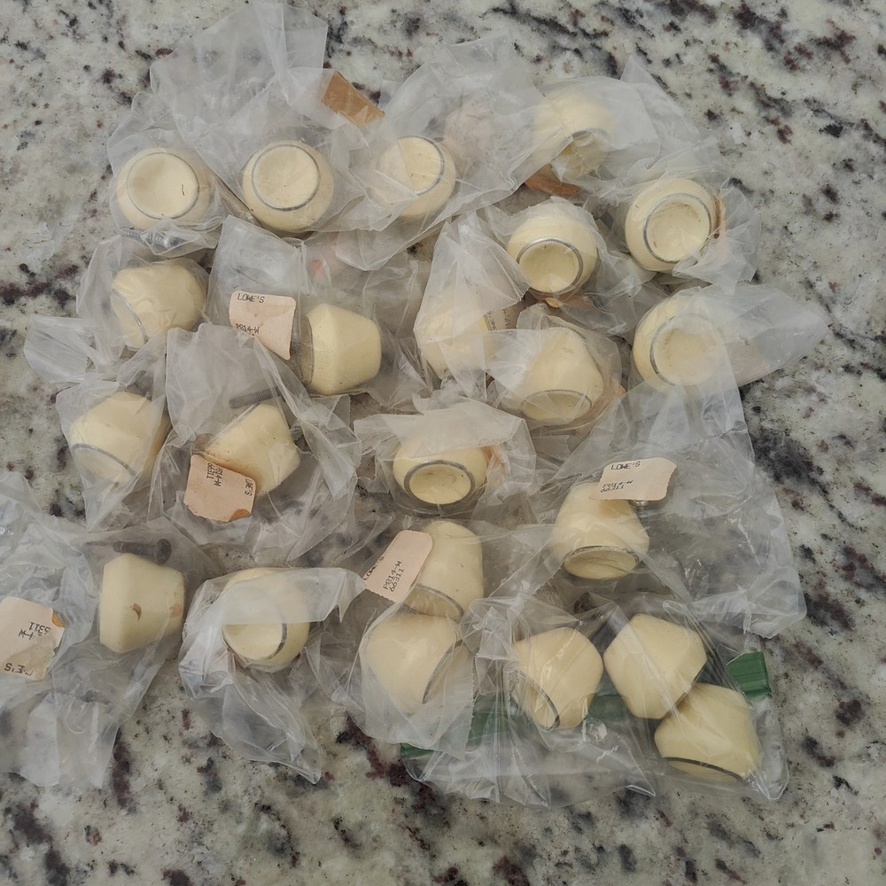 Vintage Ceramic Drawer Cabinet Knobs Tulip Shape Yellow w Silver Accent Ring