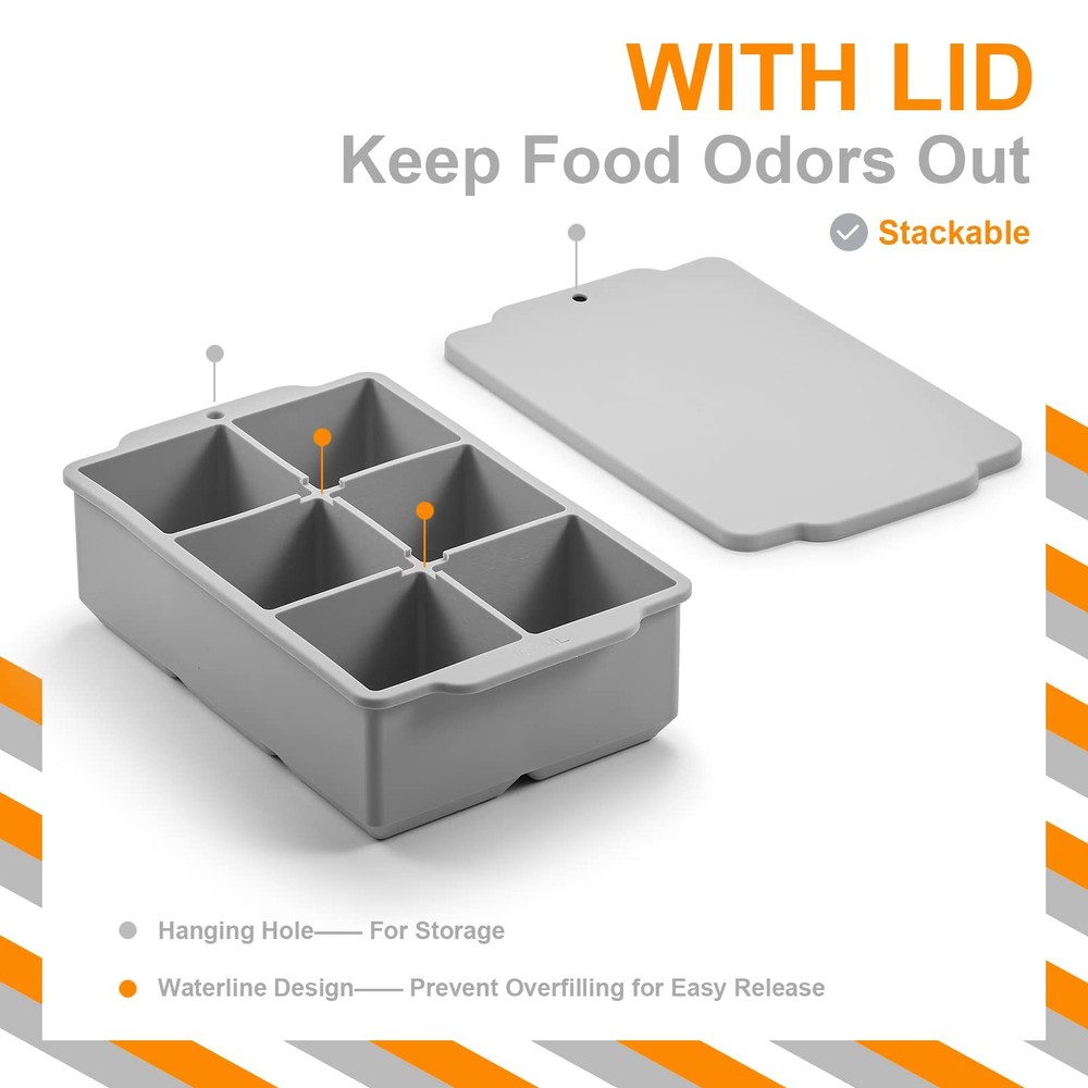 Nax Caki Large Ice Cube Tray with Lid, Stackable Big Standard, Grey(1 Pack)