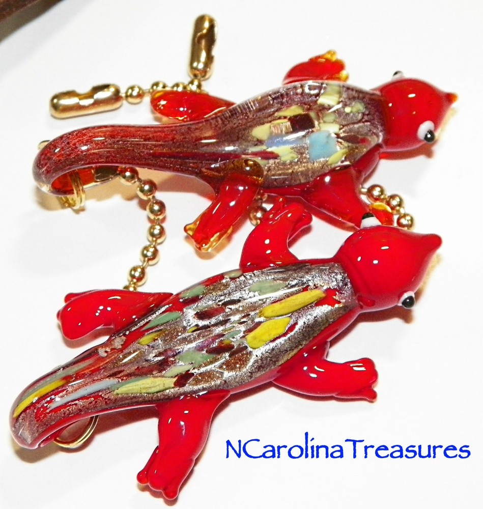 GLASS CEILING FAN SWITCH PULL RED MULTICOLORED LIZARD GECKO SALAMANDER LG PAIR