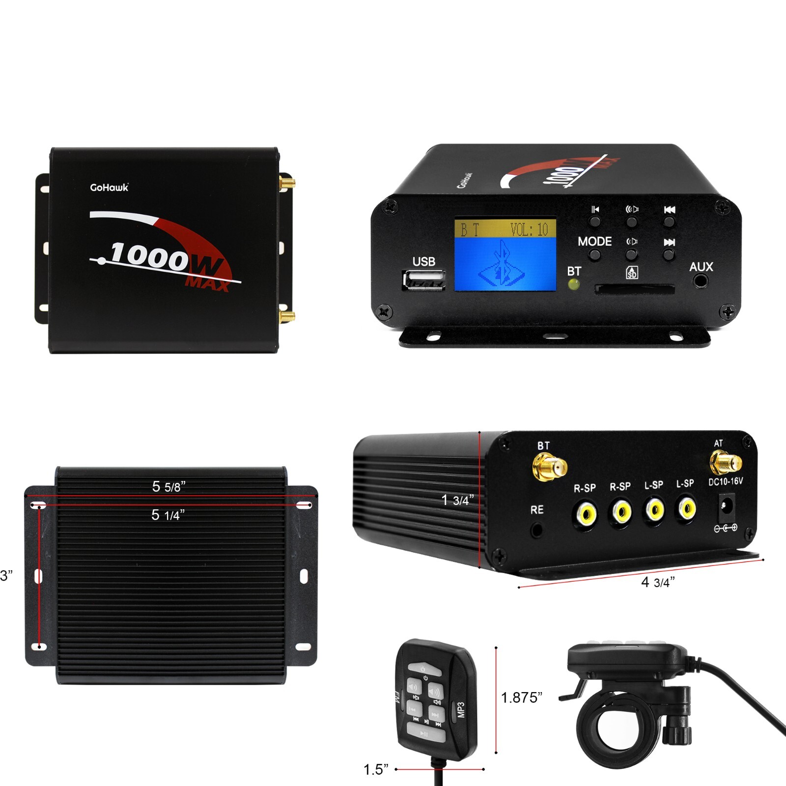 1000W Amplifier Motorcycle ATV UTV Bluetooth Audio System Radio Stereo MP3 USB