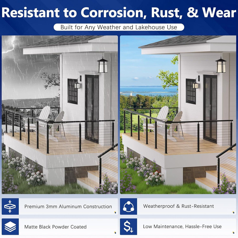 8FT Rust-Resistant Aluminum Black Handrail for Decks - DIY Cable Railing System