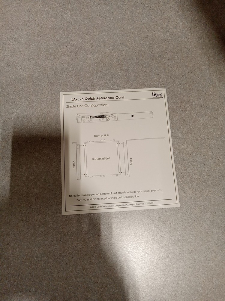 LISTEN TECHNOLOGIES LA-326 UNIVERSAL RACK MOUNTING KIT OPEN BOX