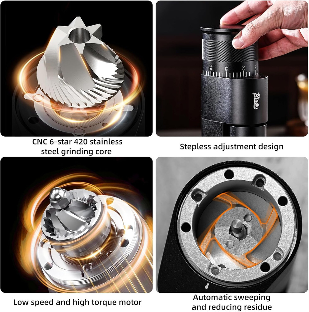 Compact Electric Espresso Grinder with One-Touch Operation & Stepless Burr Adjus