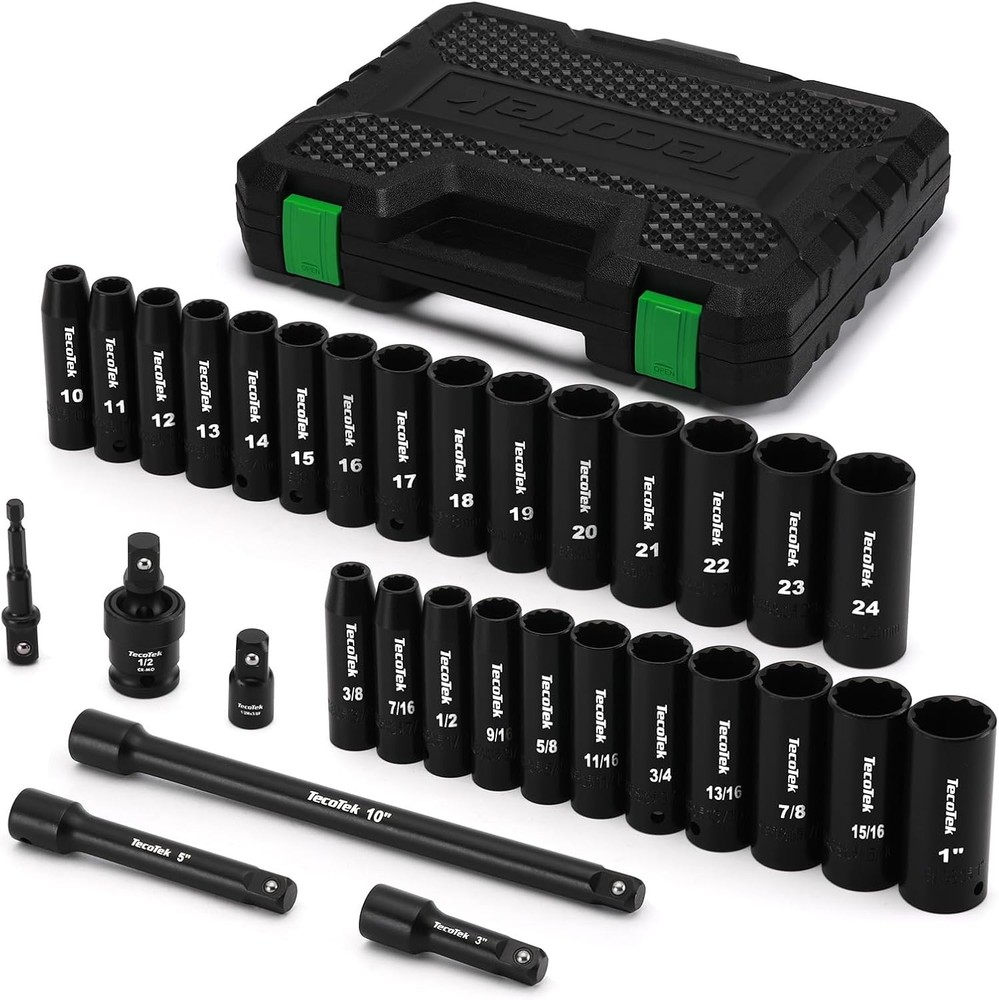 1/2" Drive Deep 12-Point Impact Socket Set, 32-Piece Socket Set, SAE 3/8-1-In...
