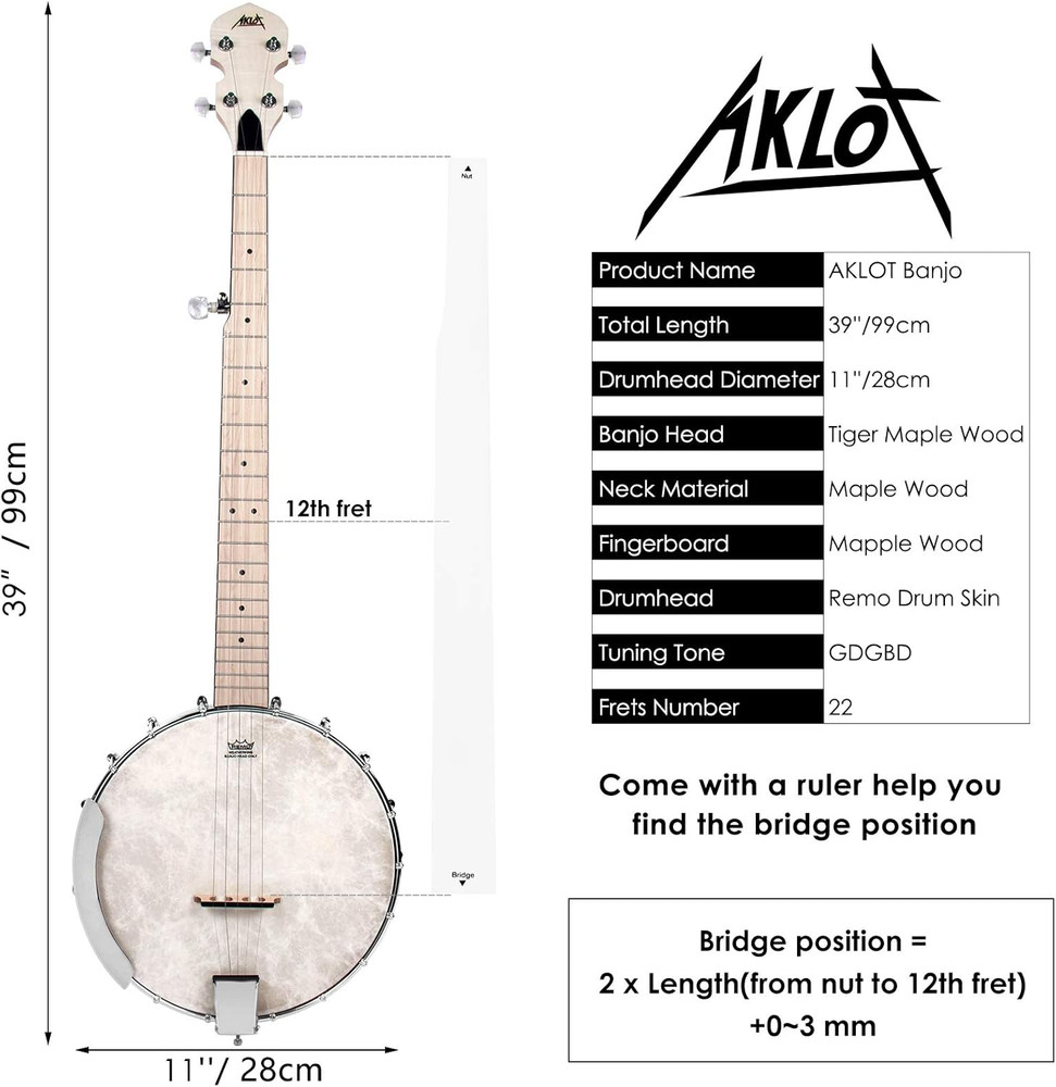 Full Size 5-String Open Back Banjo with Adjustable Maple Body, Remo Head & Acces