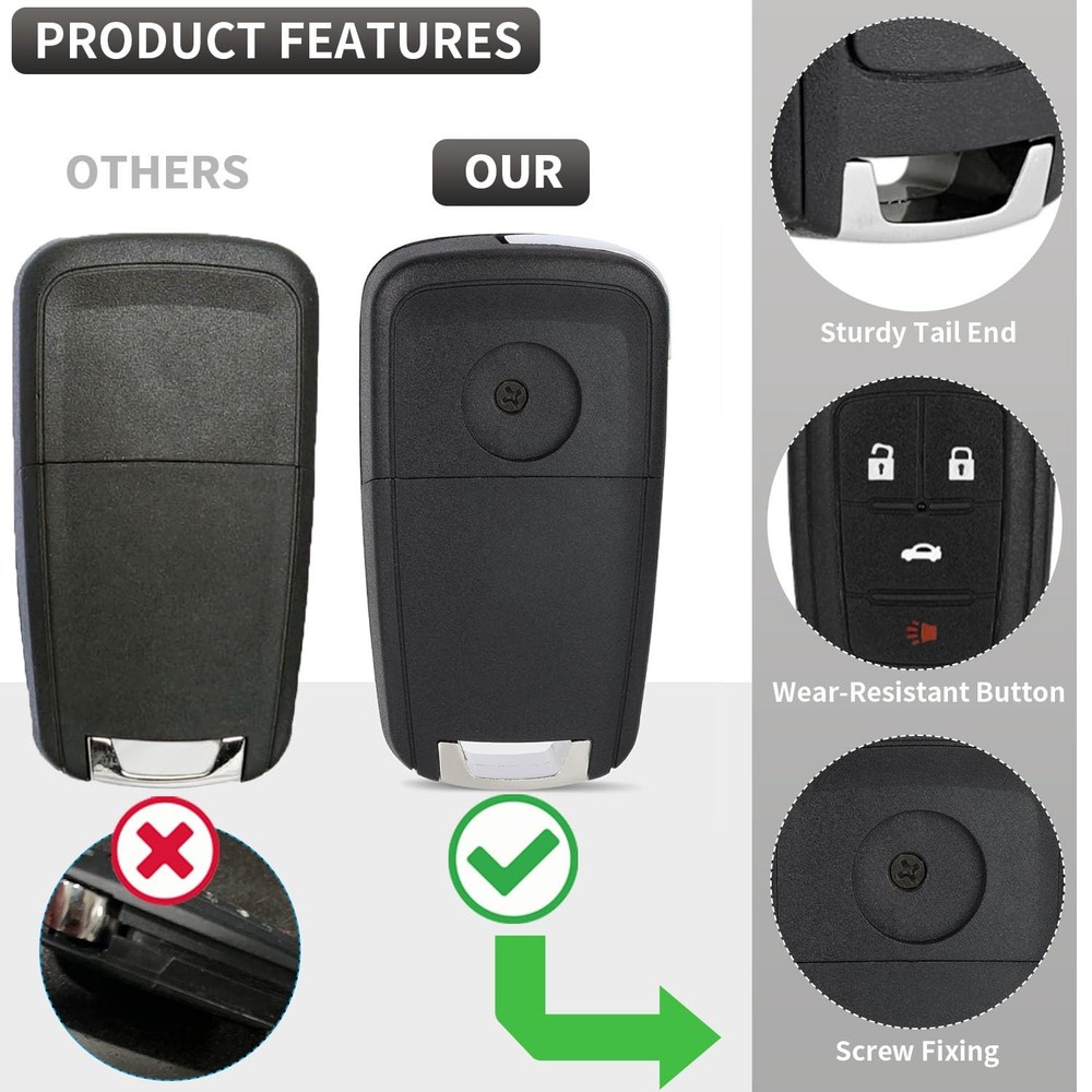 2 Pack Flip Key Fob Case Shell Replacement 4 Button for Chevy Cruze Black