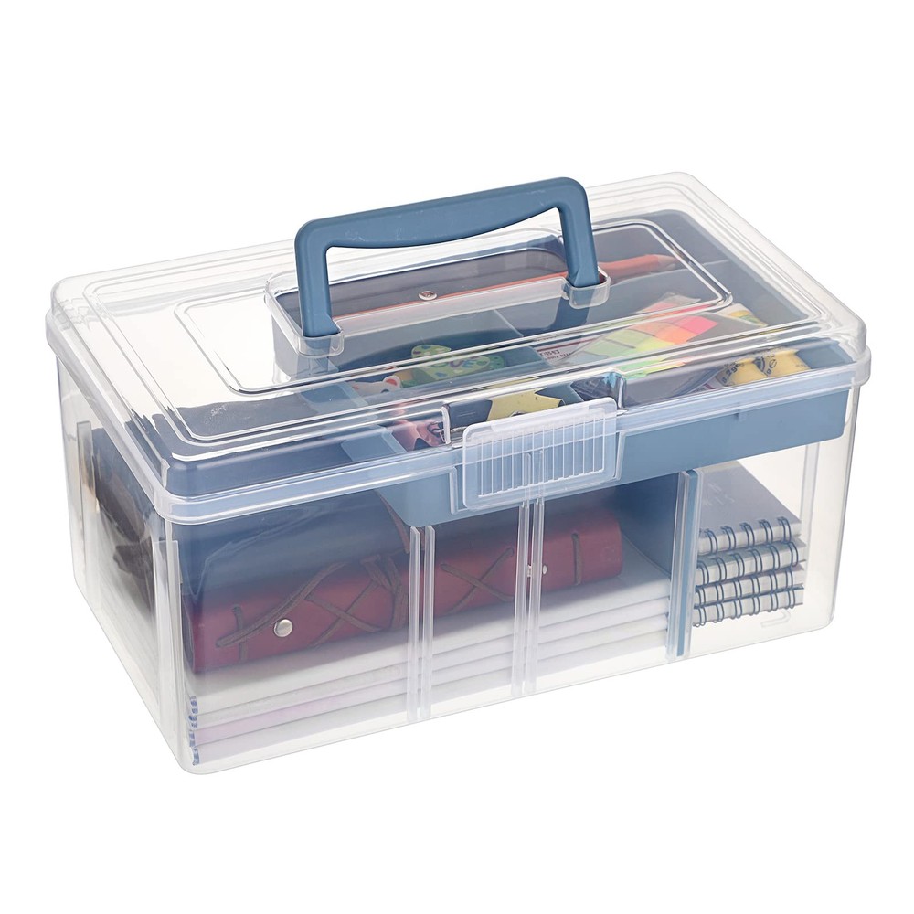 2 Layer Clear Plastic Dividing Storage Box with Removable Tray Multipurpose